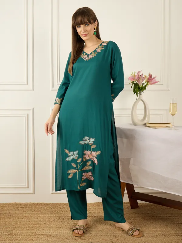 Teal_Embroidered_Silk_Kurta_Trouser_Set