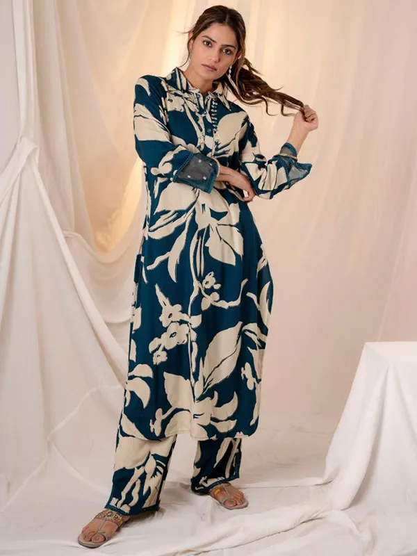 Teal_Printed_Viscose_Rayon_Kurta_Trouser_Set