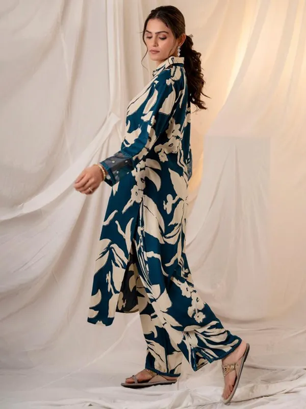 Teal_Printed_Viscose_Rayon_Kurta_Trouser_Set