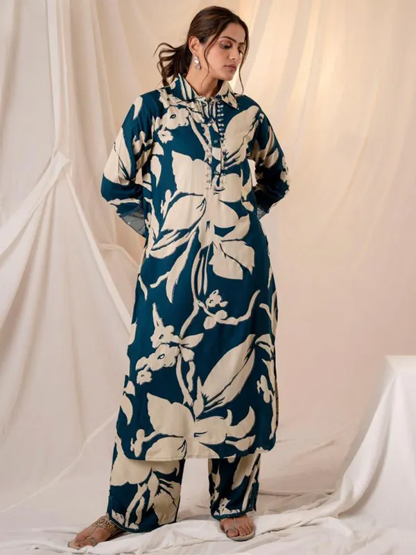 Teal_Printed_Viscose_Rayon_Kurta_Trouser_Set