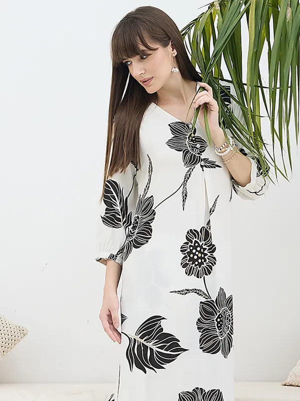 White_Printed_Viscose_Rayon_Kurta_Trouser_Set