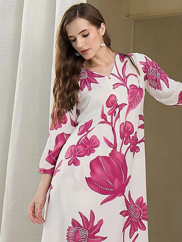 White_Printed_Viscose_Rayon_Kurta_Trouser_Set