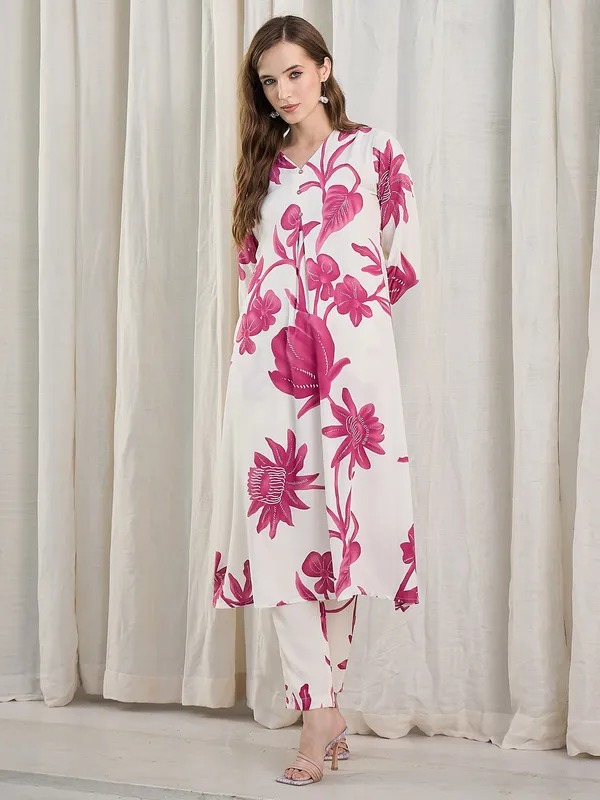 White_Printed_Viscose_Rayon_Kurta_Trouser_Set