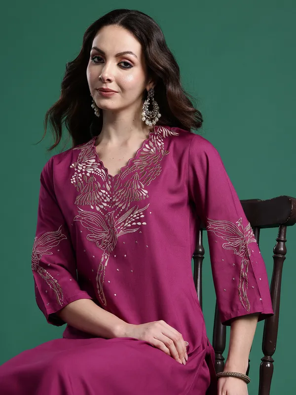Burgundy_Printed_Viscose_Rayon_Kurta_Trouser_Set