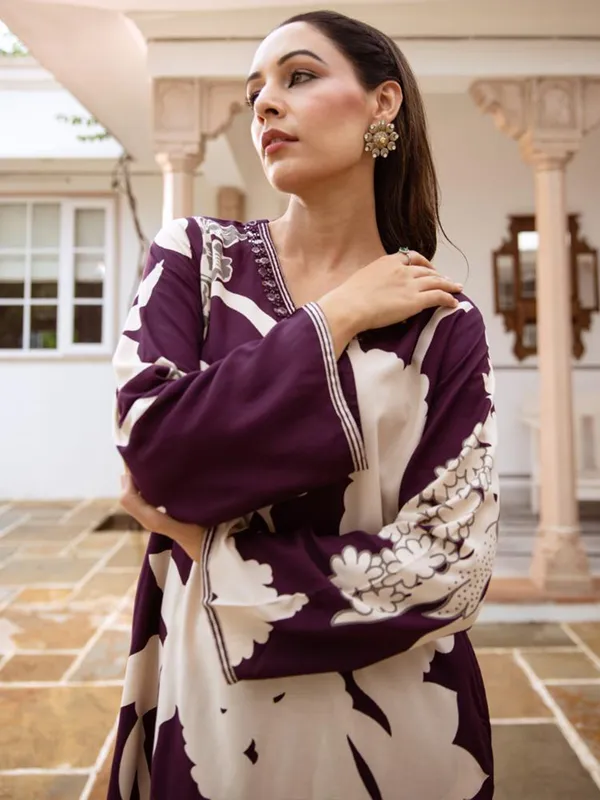 Burgundy_Printed_Viscose_Rayon_Kurta_Trouser_Set