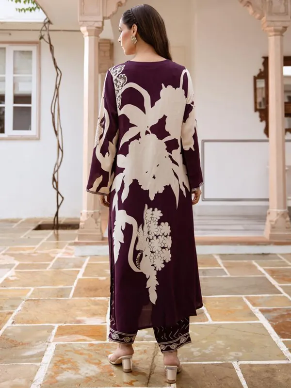 Burgundy_Printed_Viscose_Rayon_Kurta_Trouser_Set
