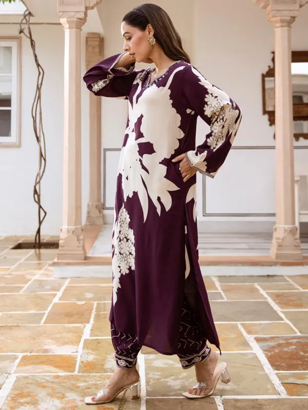 Burgundy_Printed_Viscose_Rayon_Kurta_Trouser_Set