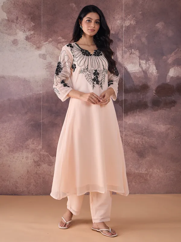 Beige_Embroidered_Georgette_Kurta_Trouser_Set