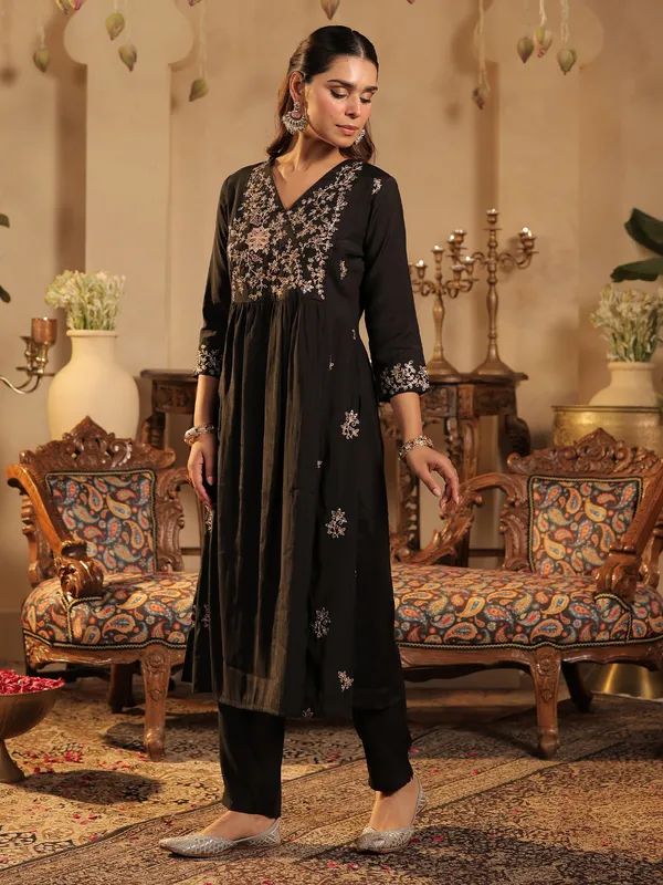 Black_Silk-Blend_A-Line_Kurta_with_Trousers