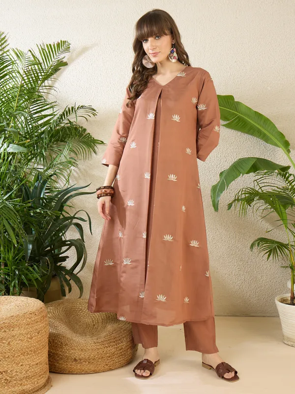 Brown_Embroidered_Silk_Kurta_Trouser_Set