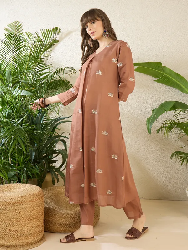 Brown_Embroidered_Silk_Kurta_Trouser_Set