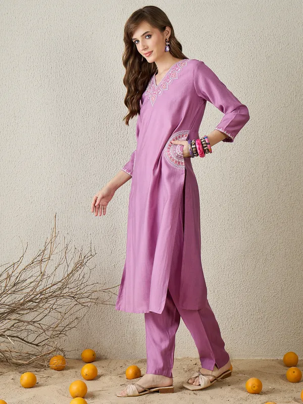 Lavender_Embroidered_Pure_Cotton_Kurta_Trouser_Set
