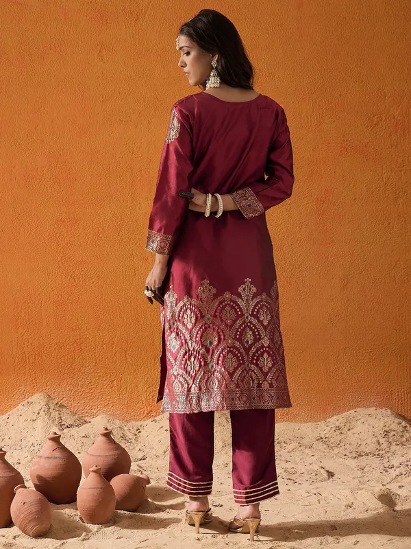 Maroon_Printed_Polyester_Kurta_Trouser_Set