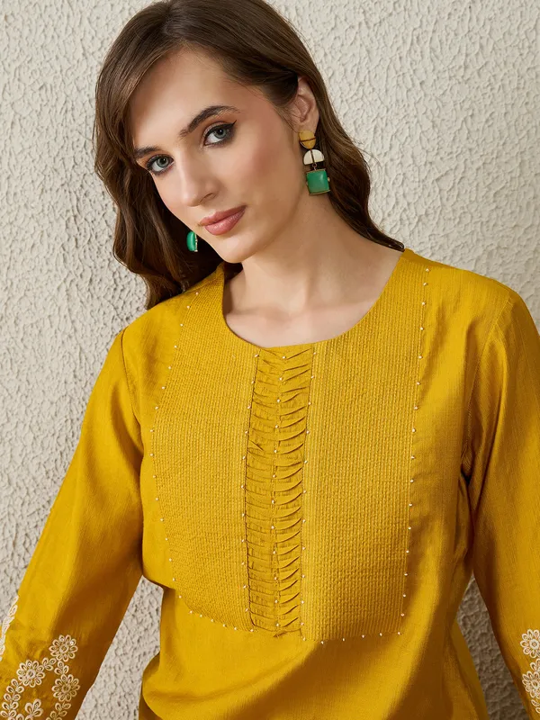 Mustard_Embroidered_Pure_Cotton_Kurta_Trouser_Set
