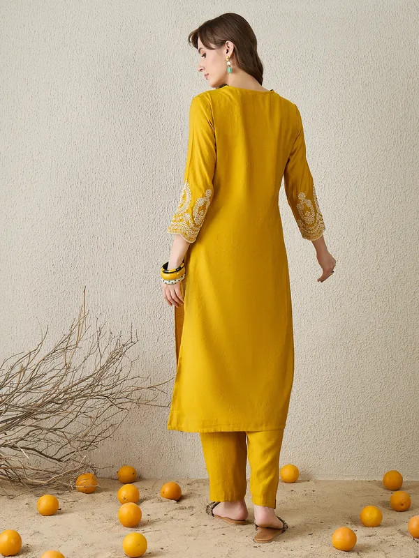 Mustard_Embroidered_Pure_Cotton_Kurta_Trouser_Set
