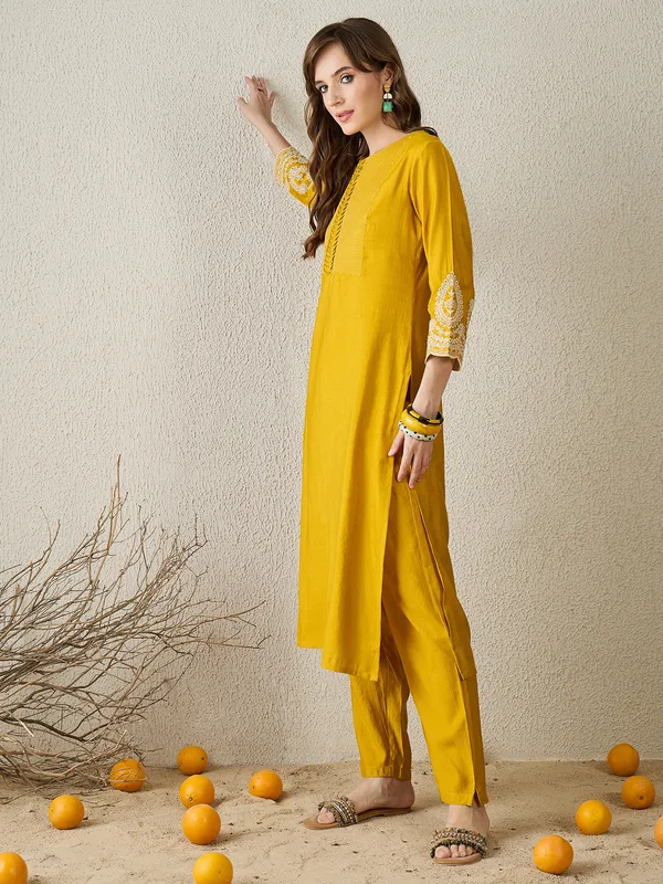 Mustard_Embroidered_Pure_Cotton_Kurta_Trouser_Set