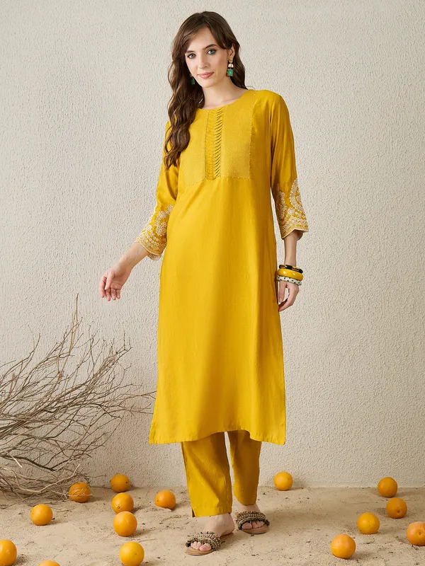 Mustard_Embroidered_Pure_Cotton_Kurta_Trouser_Set