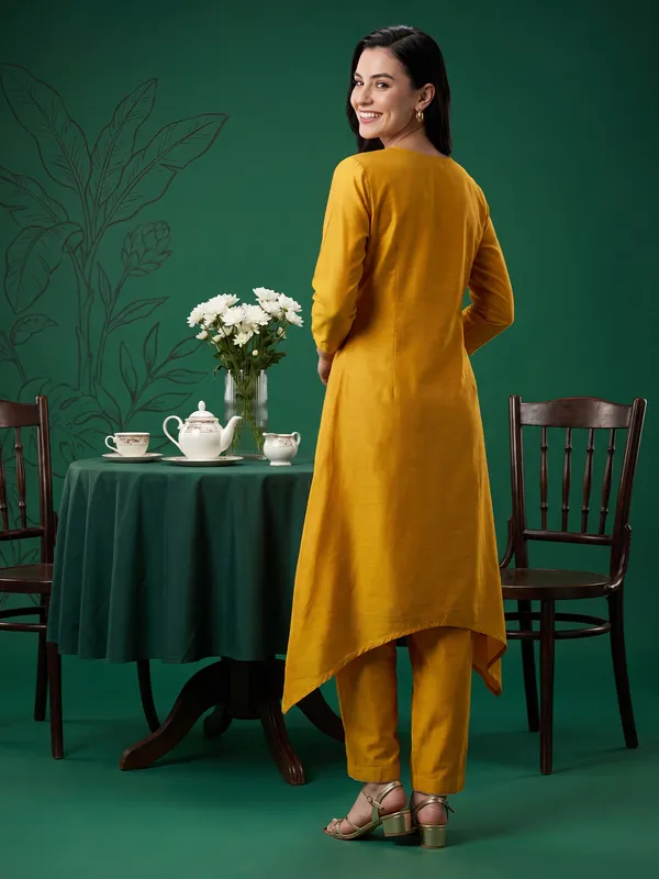 Mustard_Embroidered_Pure_Cotton_Kurta_Trouser_Set