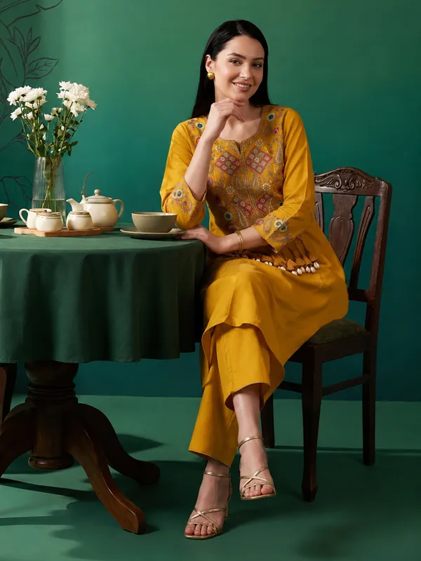 Mustard_Embroidered_Pure_Cotton_Kurta_Trouser_Set
