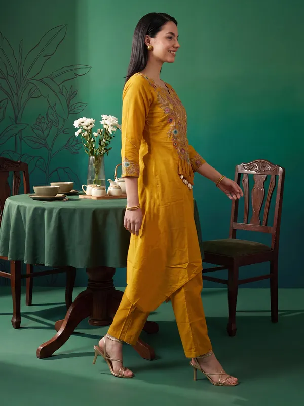 Mustard_Embroidered_Pure_Cotton_Kurta_Trouser_Set