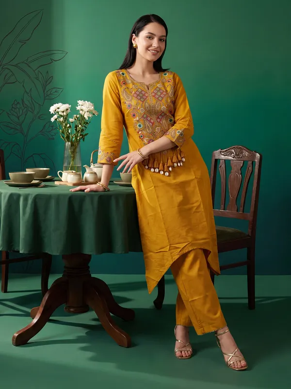 Mustard_Embroidered_Pure_Cotton_Kurta_Trouser_Set