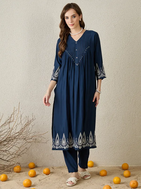 Navy_Blue_Printed_Silk_Kurta_Trouser_Set