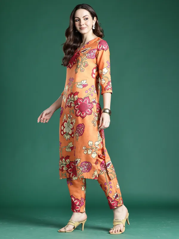 Orange_Printed_Pure_Cotton_Kurta_Trouser_Set