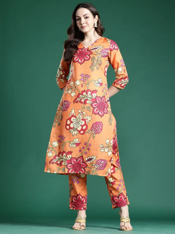 Orange_Printed_Pure_Cotton_Kurta_Trouser_Set