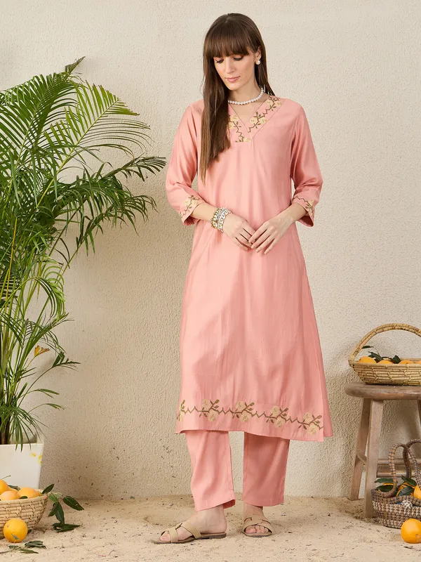 Peach_Embroidered_Pure_Cotton_Kurta_Trouser_Set
