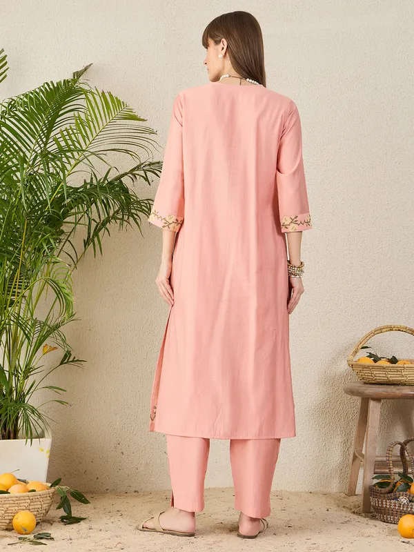 Peach_Embroidered_Pure_Cotton_Kurta_Trouser_Set