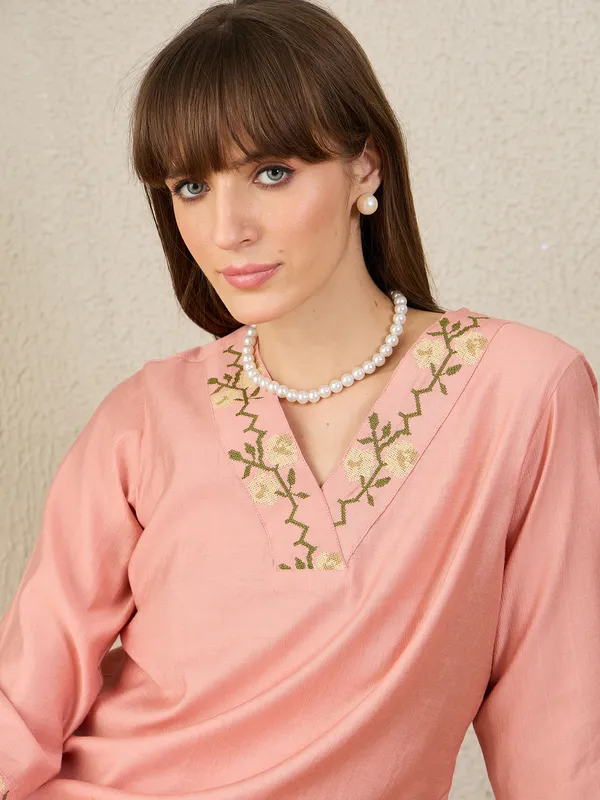 Peach_Embroidered_Pure_Cotton_Kurta_Trouser_Set