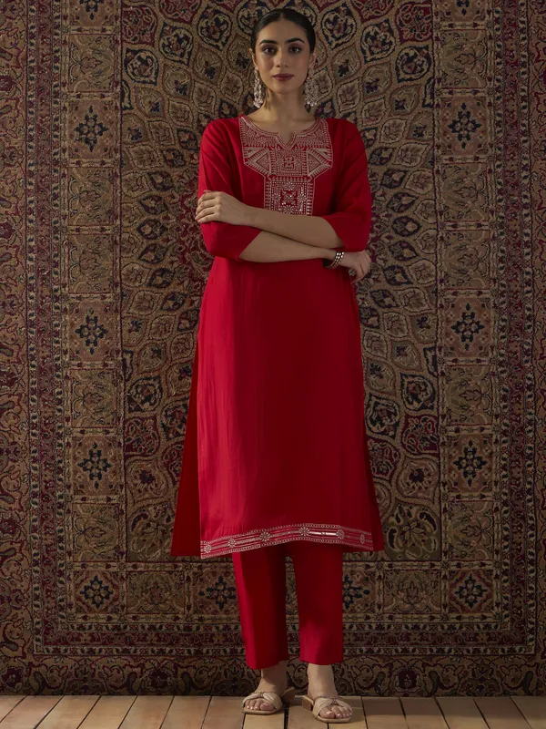 Red_Embroidered_Silk_Kurta_Trouser_Set