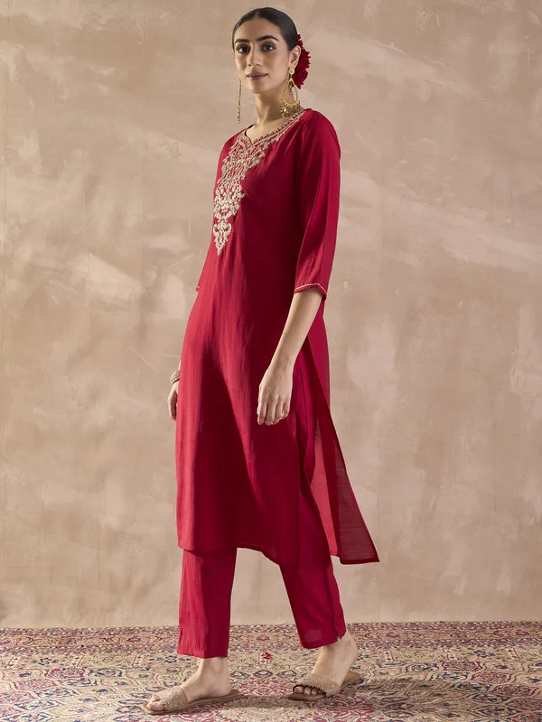 Red_Embroidered_Silk_Kurta_Trouser_Set