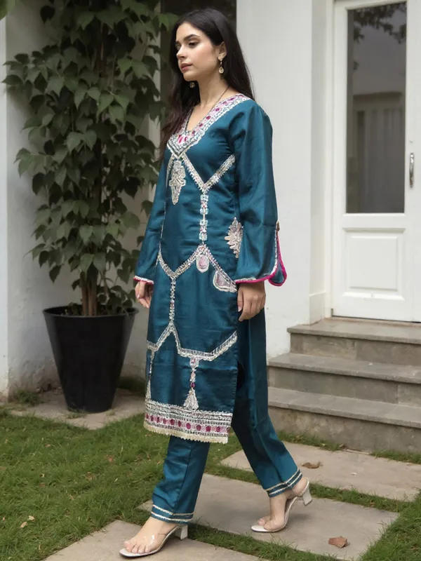 Teal_Embroidered_Silk_Kurta_Trouser_Set