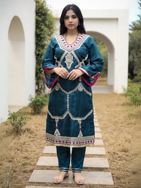Teal_Embroidered_Silk_Kurta_Trouser_Set