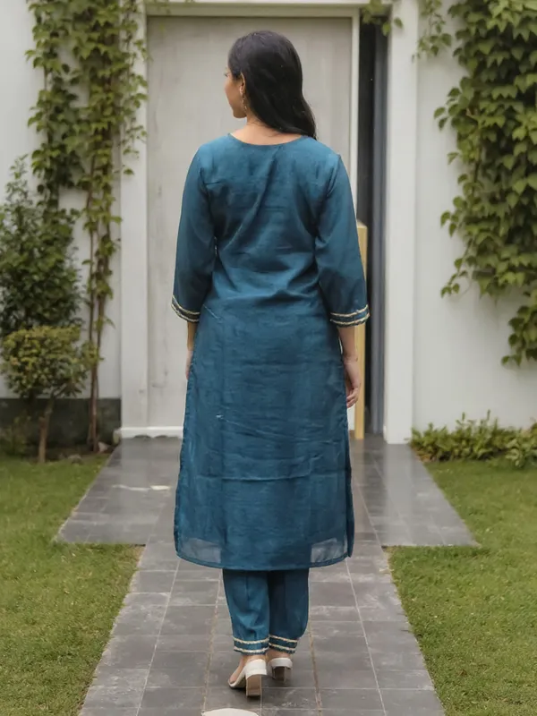 Teal_Embroidered_Silk_Kurta_Trouser_Set