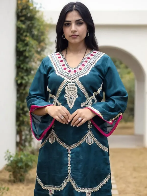 Teal_Embroidered_Silk_Kurta_Trouser_Set