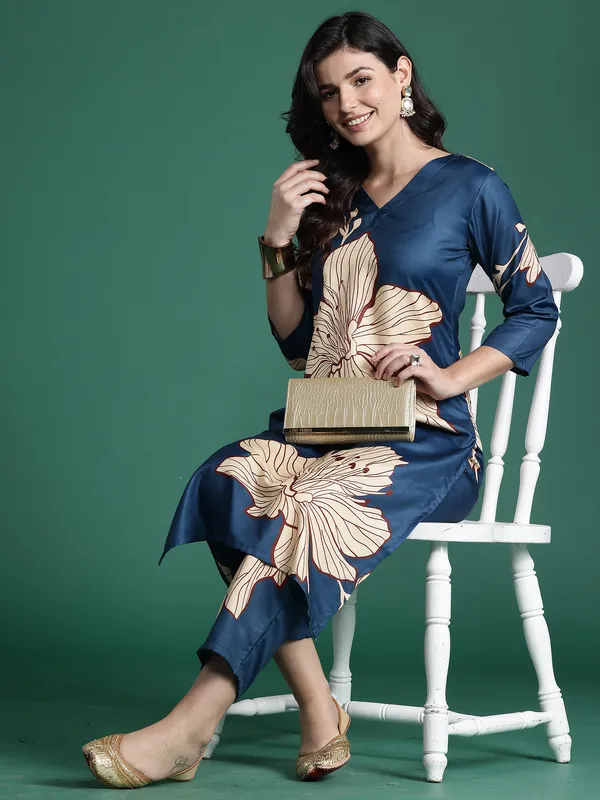 Teal_Printed_Pure_Cotton_Kurta_Trouser_Set