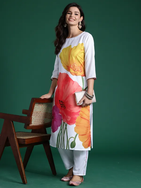 White_Printed_Pure_Cotton_Kurta_Trouser_Set