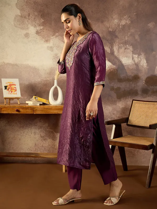 Burgundy_Embroidered_Silk_Kurta_Trouser_Set