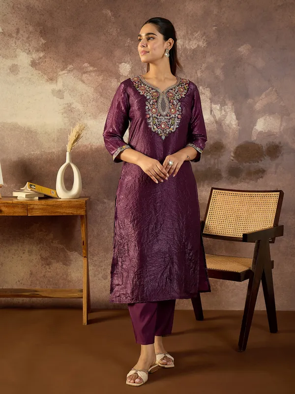 Burgundy_Embroidered_Silk_Kurta_Trouser_Set