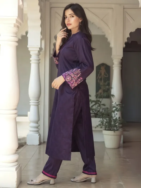 Burgundy_Embroidered_Pure_Cotton_Kurta_Trouser_Set