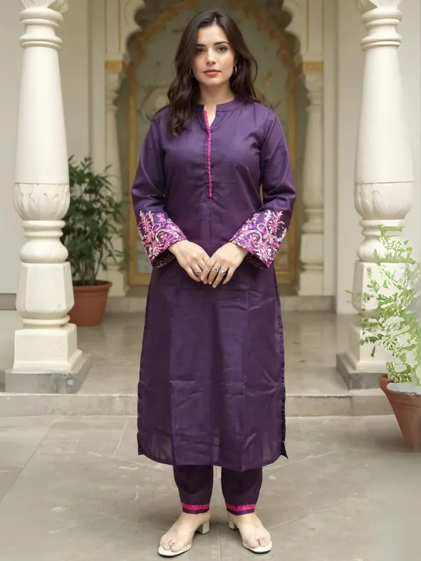 Burgundy_Embroidered_Pure_Cotton_Kurta_Trouser_Set