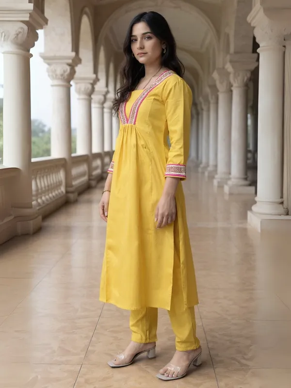 Yellow_Embroidered_Pure_Cotton_Kurta_Trouser_Set