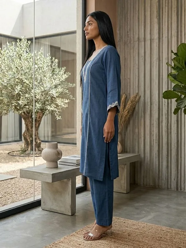 Navy_Blue_Floral_Embroidered_Cotton_Blend_Kurta_Trouser_Set