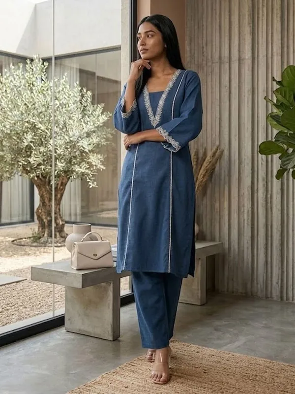Navy_Blue_Floral_Embroidered_Cotton_Blend_Kurta_Trouser_Set