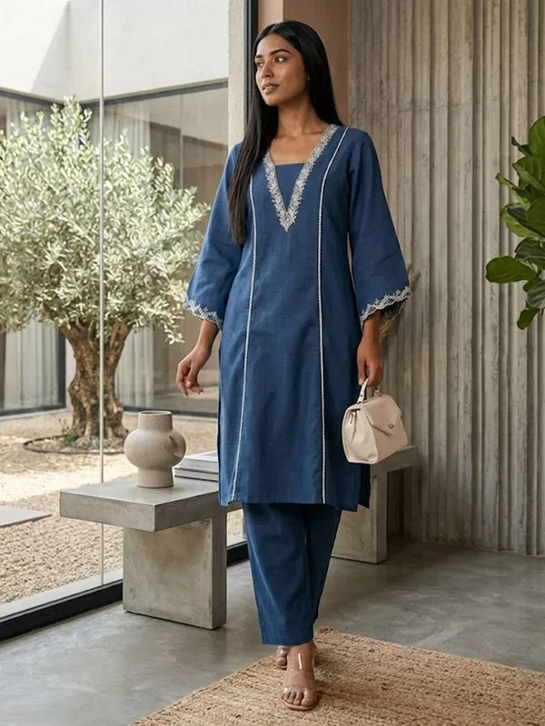 Navy_Blue_Floral_Embroidered_Cotton_Blend_Kurta_Trouser_Set