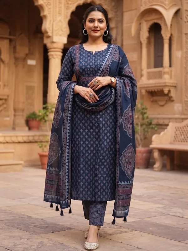 Floral_Printed_Pure_Cotton_Round_Neck_Blue_Kurta_Trouser_&_Dupatta_Set