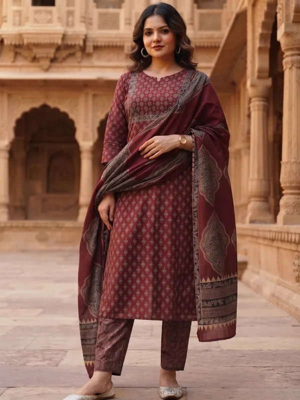 Floral_Printed_Pure_Cotton_Round_Neck_Red_Kurta_Trouser_&_Dupatta_Set