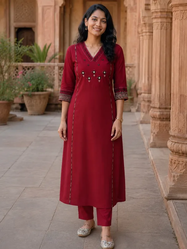 Floral_Embroidered_Pure_Cotton_V_Neck_Red_Kurta_Trouser_&_Dupatta_Set